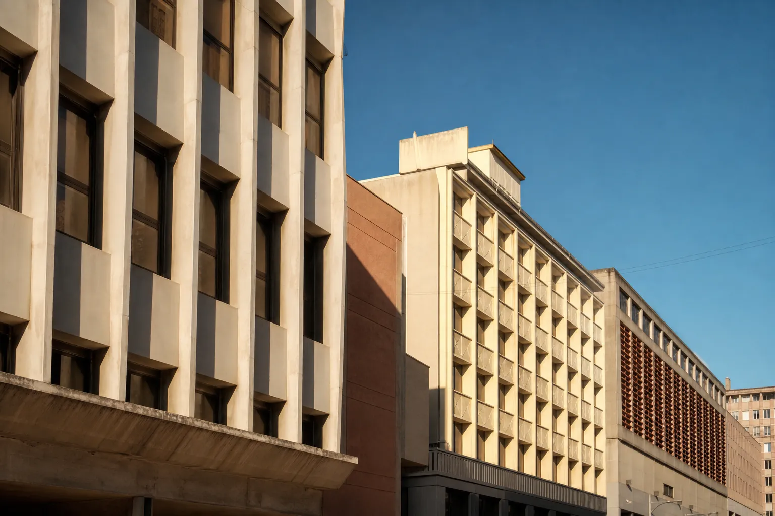 Façades d’immeubles de bureaux en béton clair à Marseille, vues depuis la rue