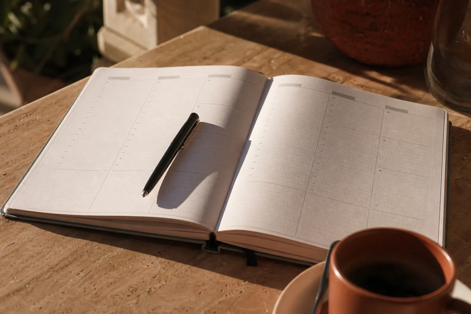 Agenda de bureau ouvert sur une double page de semaine, un stylo posé dessus