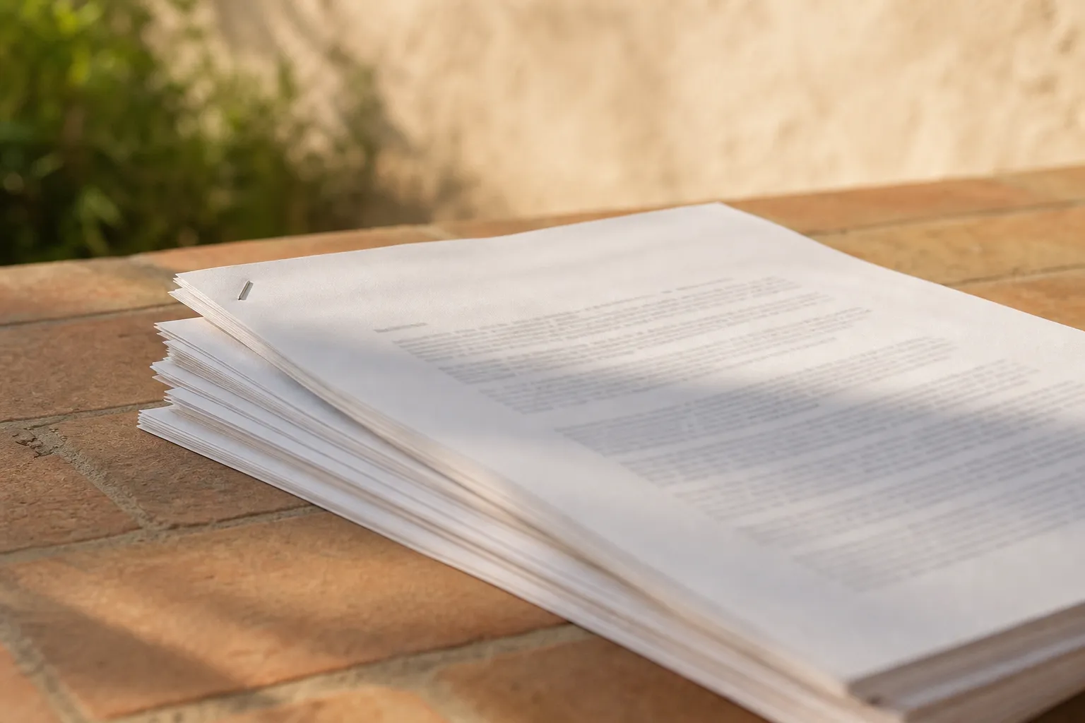 Contrat papier de plusieurs pages posé en pile légèrement décalée, agrafe visible