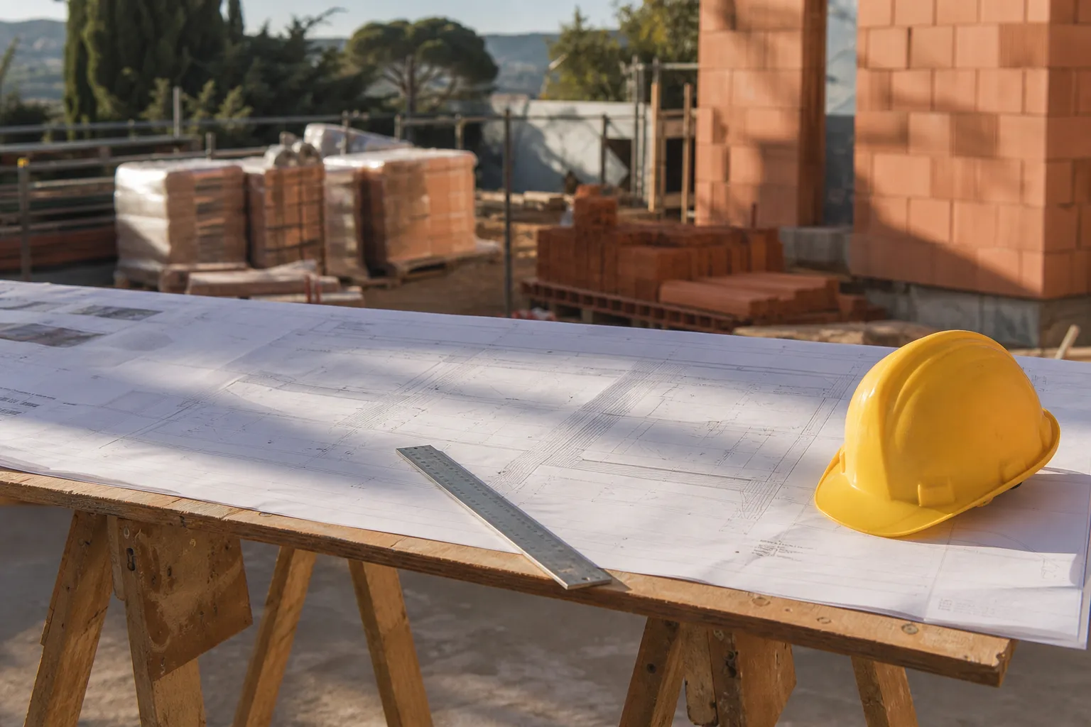 Plan de chantier déplié sur une table à tréteaux, un casque posé au bord