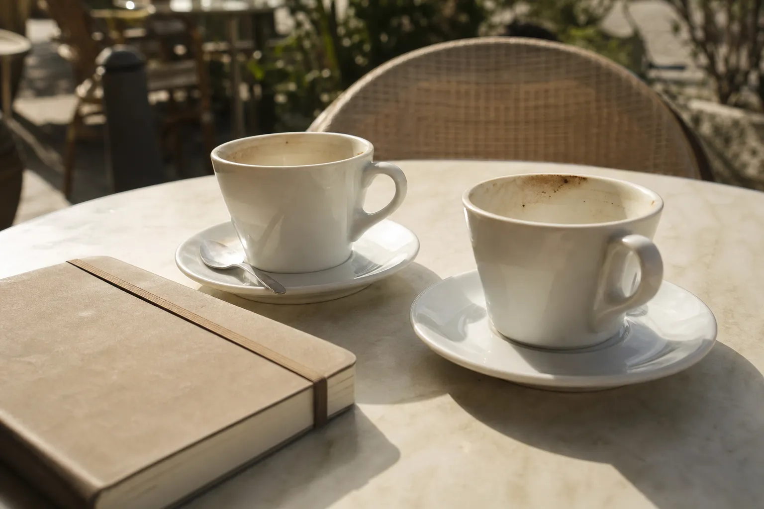 Deux tasses vides et un carnet refermé sur une table de café après un rendez-vous