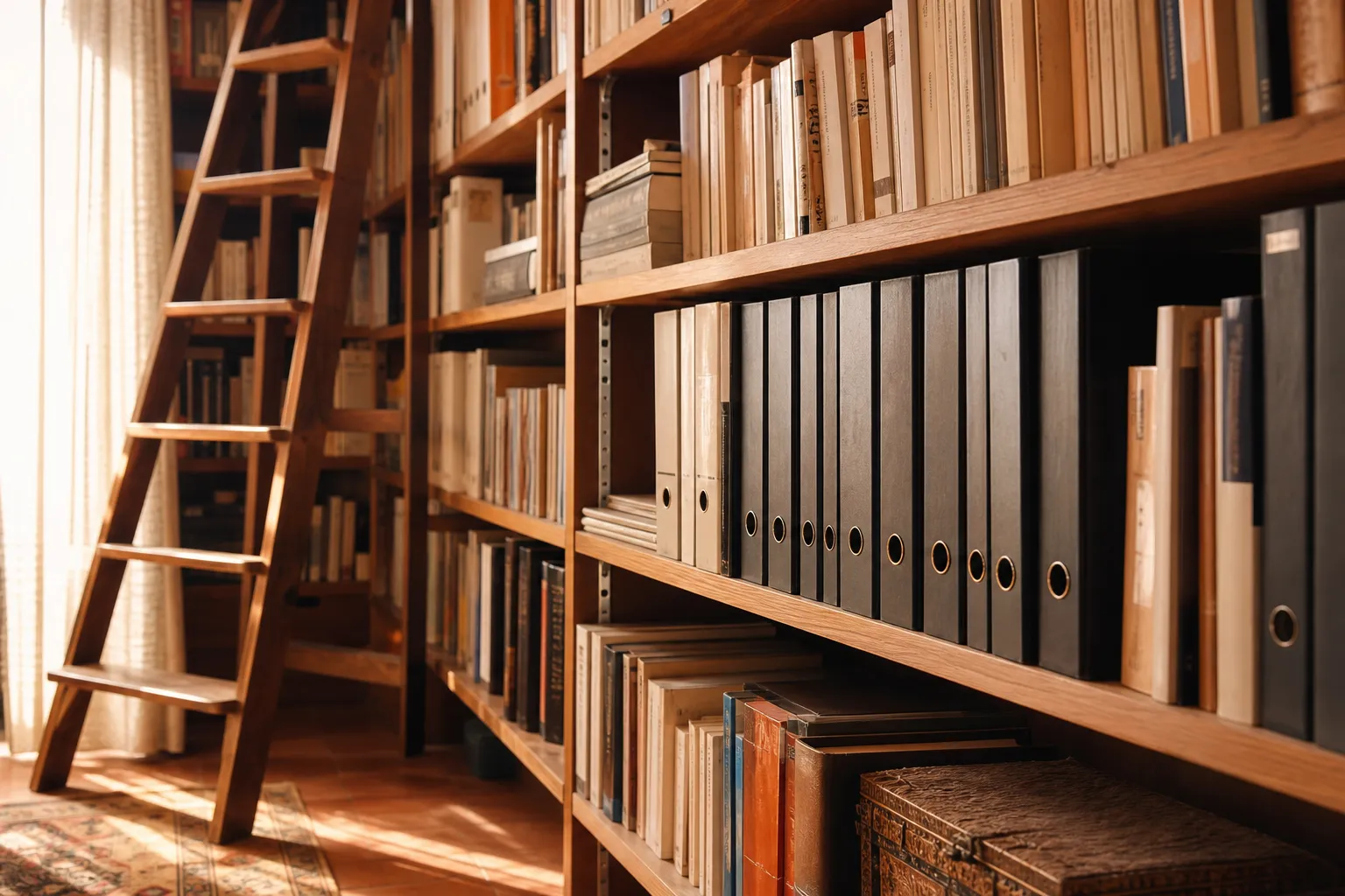 Bibliothèque de bureau garnie de classeurs à levier et d’ouvrages techniques