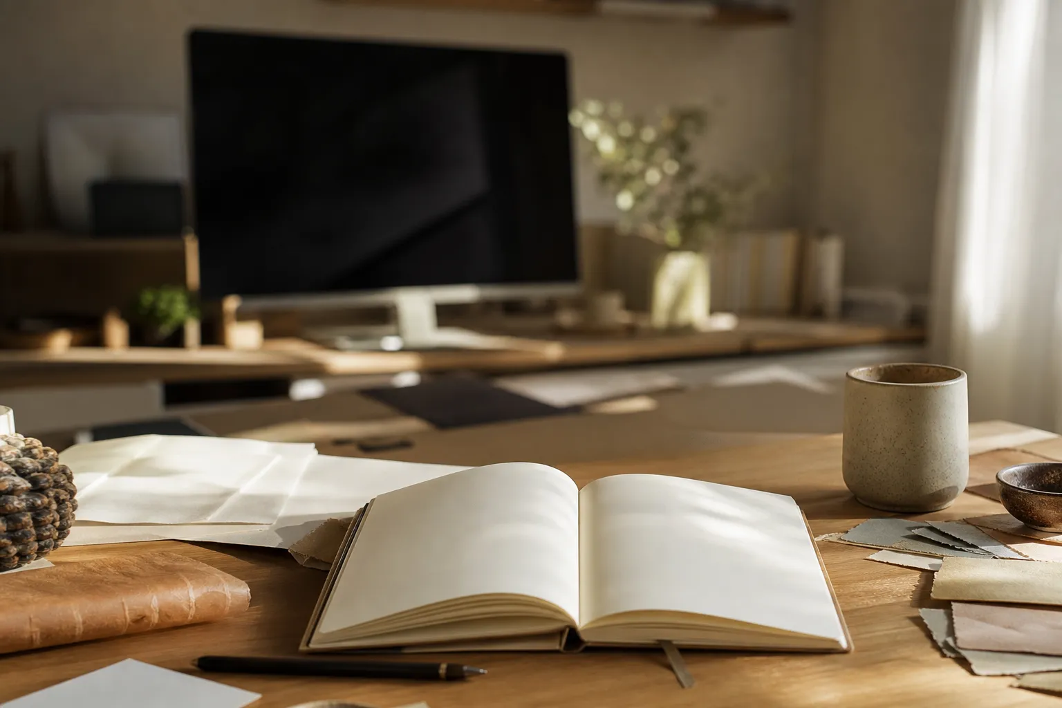 Table de travail avec un carnet ouvert aux pages vierges et des échantillons de papier