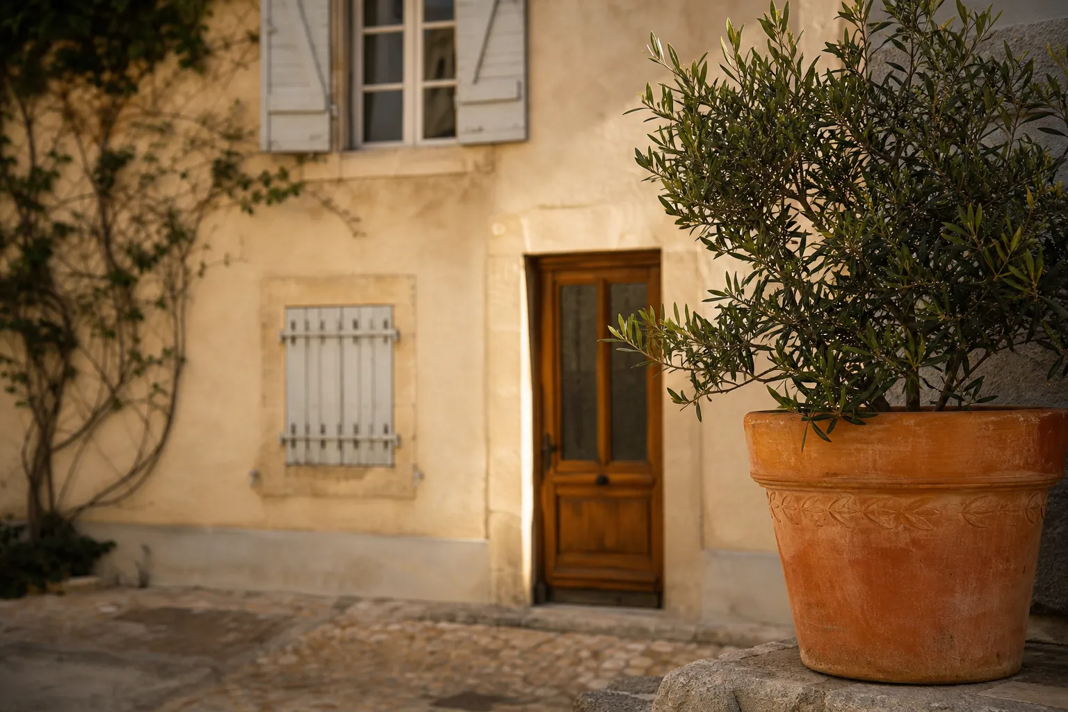 Mur enduit crème d’un immeuble provençal, avec une porte en bois et une plante en pot au premier plan